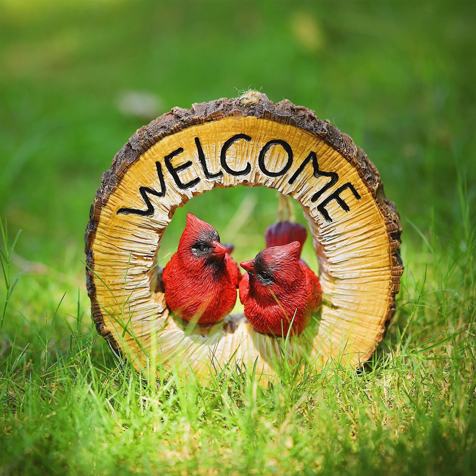 Figuras de pájaros de jardín, Estatua de Anillo Colgante de Resina con Cartel de Bienvenida, decoración de esculturas para Patio de césped al Aire Libre