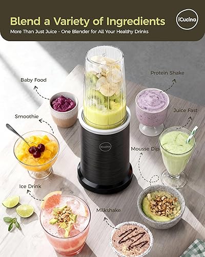 Miniatura 8 de iCucina Licuadora de batidos, licuadora personal de 1000 W para batidos y batidos con 2 tazas y tapas portátiles de 37 onzas, licuadoras de una sola