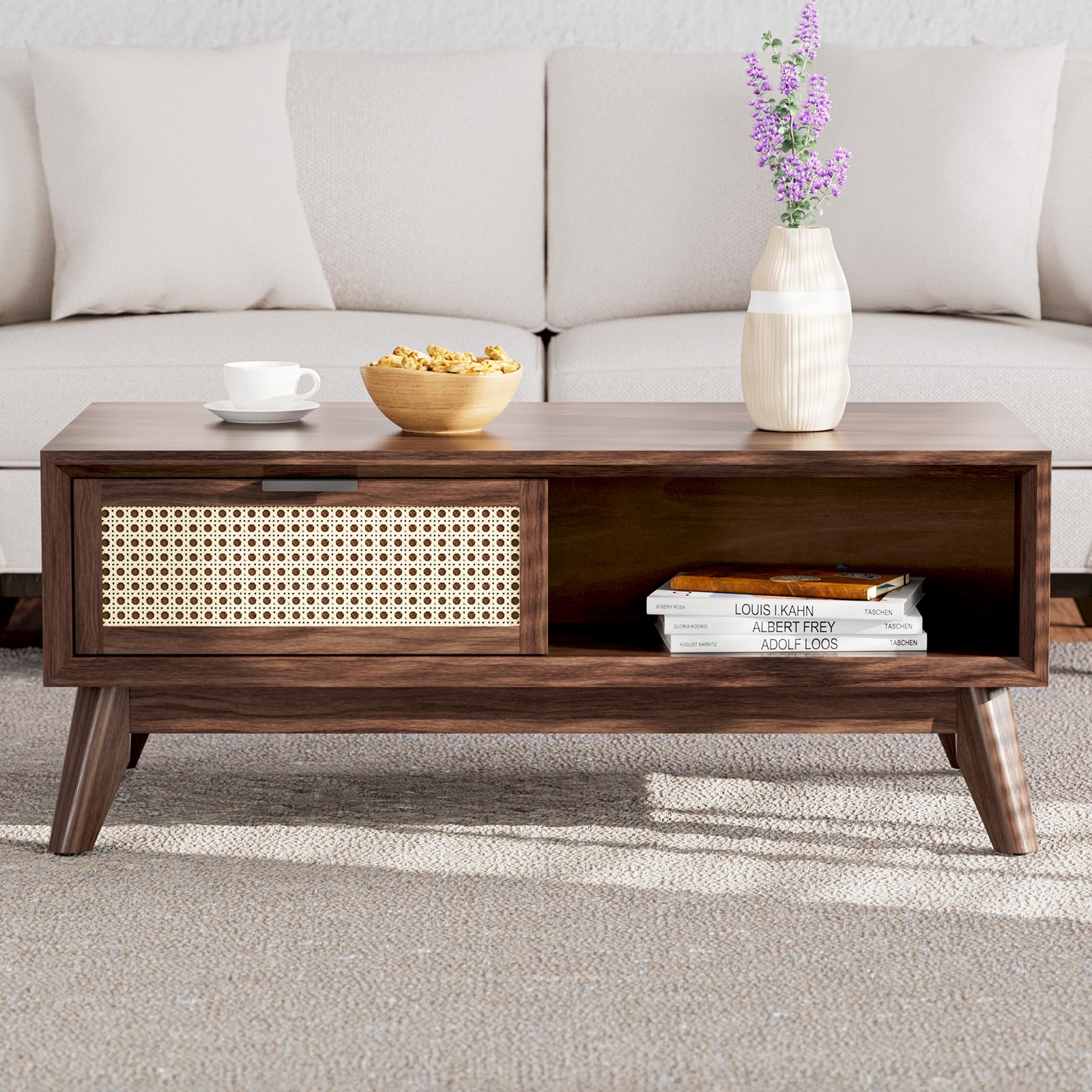 Bme Solid Wood Jasper Coffee Table with Storage Accent Rattan Design Perfect for Living Room Walnut