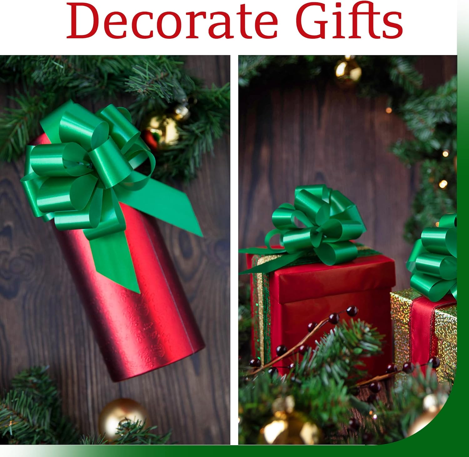 24 PCS of Eye-Catching Xmas Pull Bows for Easy Gift Wrapping with Ribbon - 5" Wide Wrap Bows for Christmas Tree Decoration, Holiday Décor, Present Wrapping, Baskets, Birthday, Easter - Green Bows : Health & Household