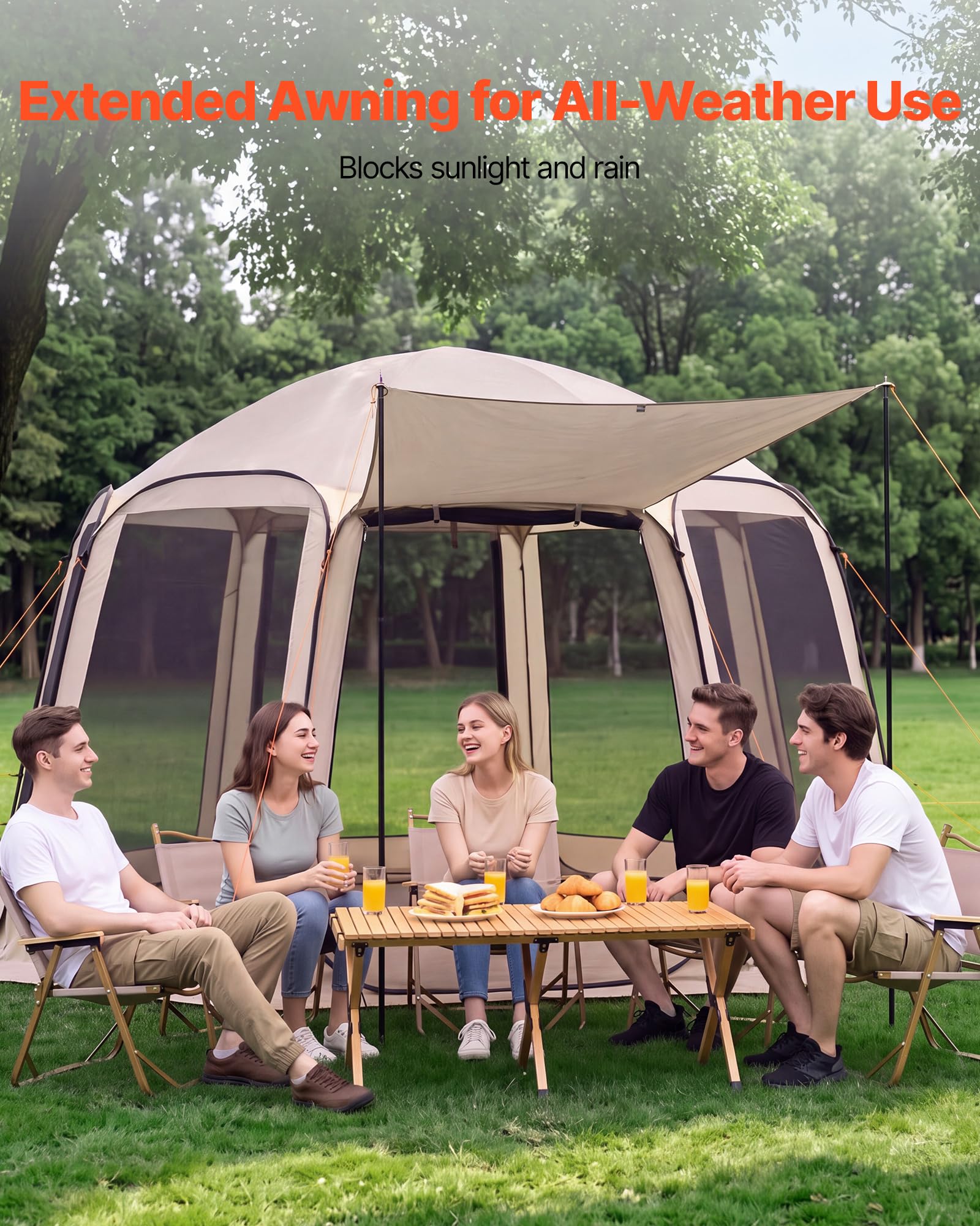VEVOR Tenda da Campeggio Trasparente con Finestra 3660 x 3380 x 2300 mm per 10-12 Persone con Tendalino Esteso, con Borsa per il Trasporto, Lati in Rete, per Patio e Attività all'Aperto, Beige