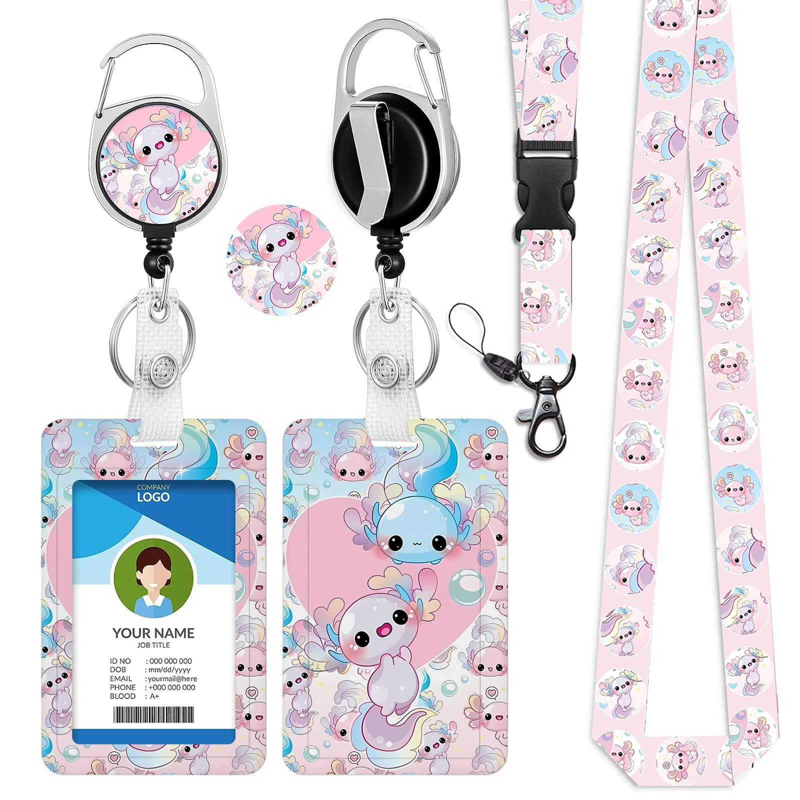 bolimoss Axolotl Lanyard with Card Holder,Retractable Lanyards for Credit Card Key,Sliding ID Badge Holder with safety breakaway Lanyard Neck strap