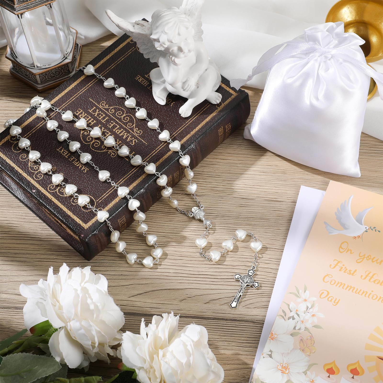Set de 3 Rosario Corazón Primera Comunión con Tarjetas y Bolsa Cordón Collar Metálico Cruz Perlas Católicas para Niñas Niños Regalo Bautizo