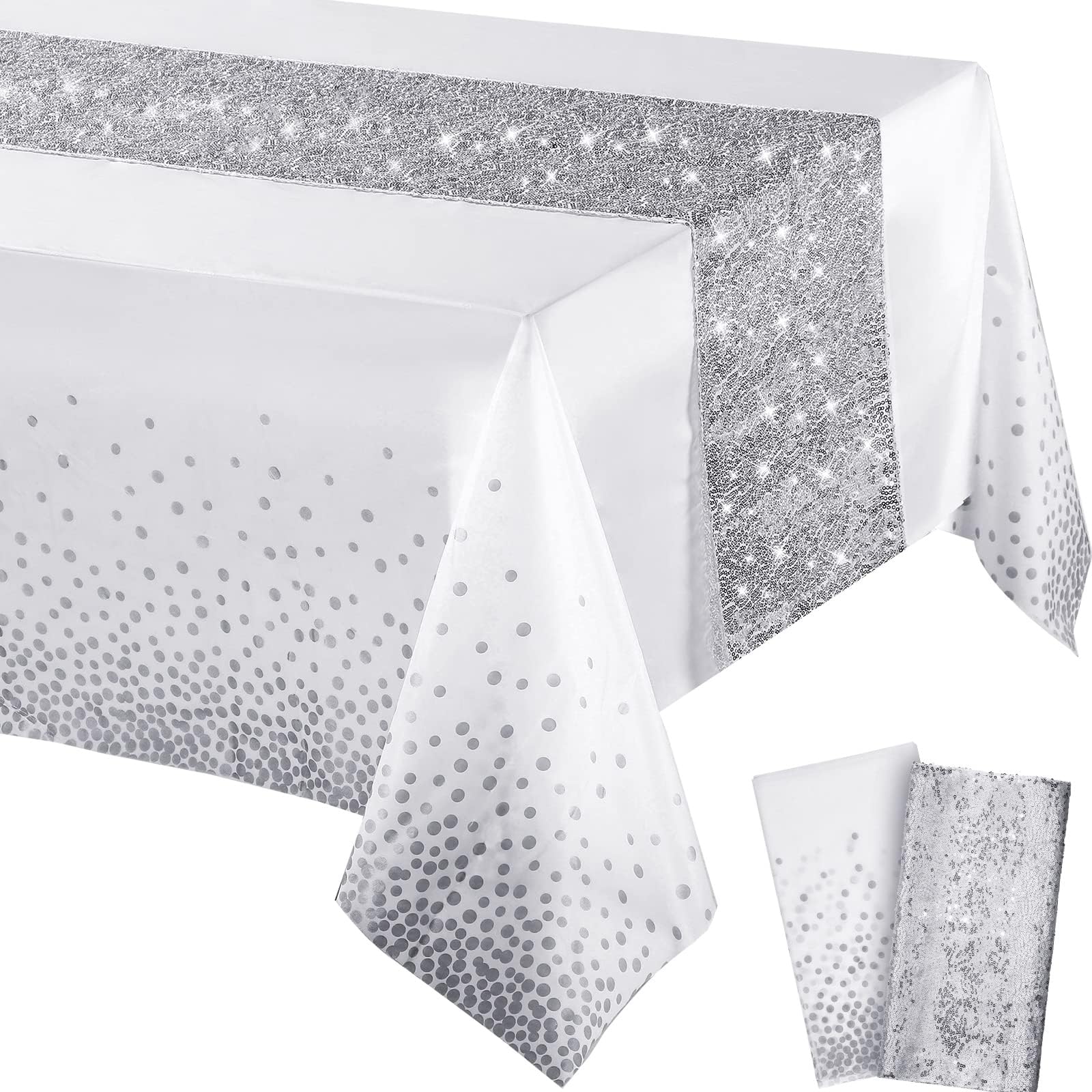Irenare Tablecloth and Sequin Table Runner Set Polka Dots Confetti Table Cover Dining Plastic Tablecloths Glitter Decorations for Birthday Wedding Anniversary Party Supplies(White, Silver,2 Pcs)