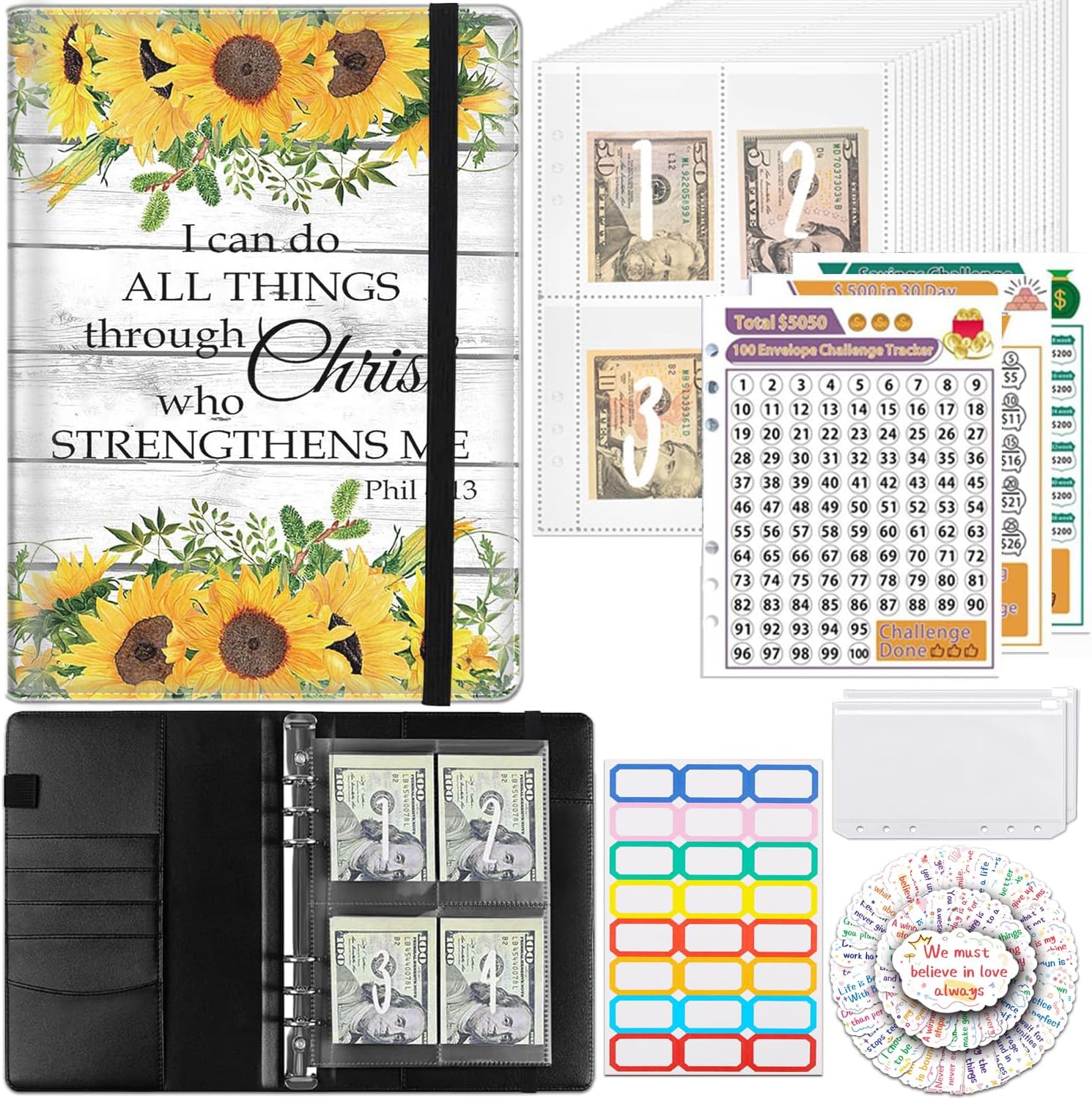 100 Envelopes Challenge Binder Money Saving Challenge Book for Money Saving, A5 Savings Binder Budget Planner with Cash Envelopes and Stickers,Philippians 4-13 Christian Sunflower
