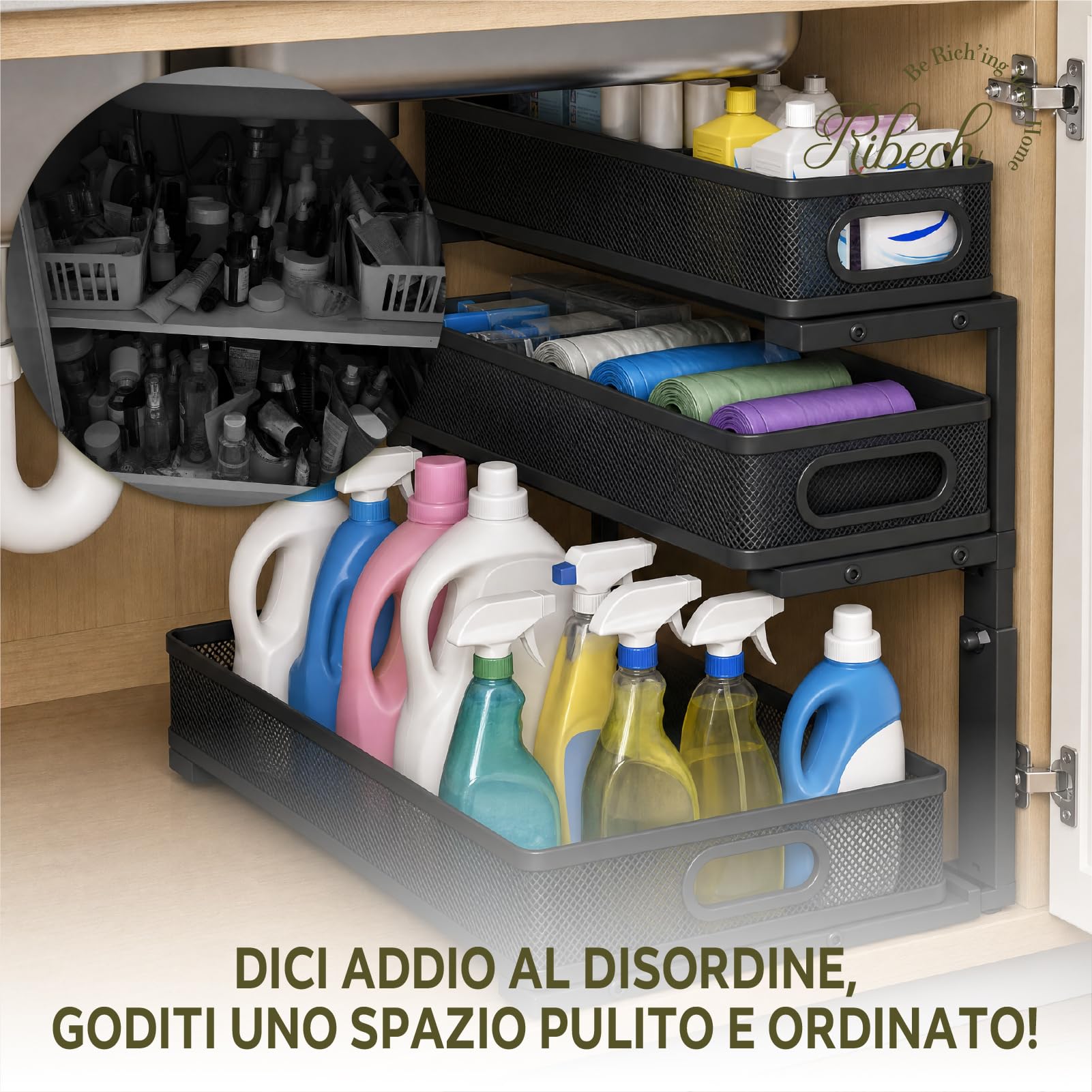 Organizzatore Estraibile 3 Livelli, Altezza regolabile, Acciaio Carbonio Cassetti Rete, Scaffale Sottolavello Cucina, Bagno, Dispensa (Antiscivolo)