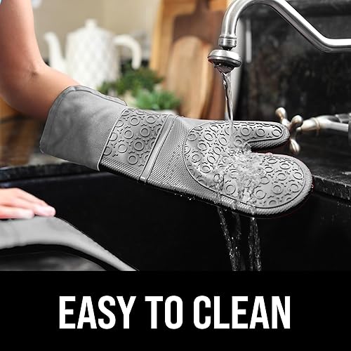 Vista 48 de Guantes de horno de silicona con forro de algodón acolchado – profesional resistente al calor olla de cocina soportes – 1 par, Negro