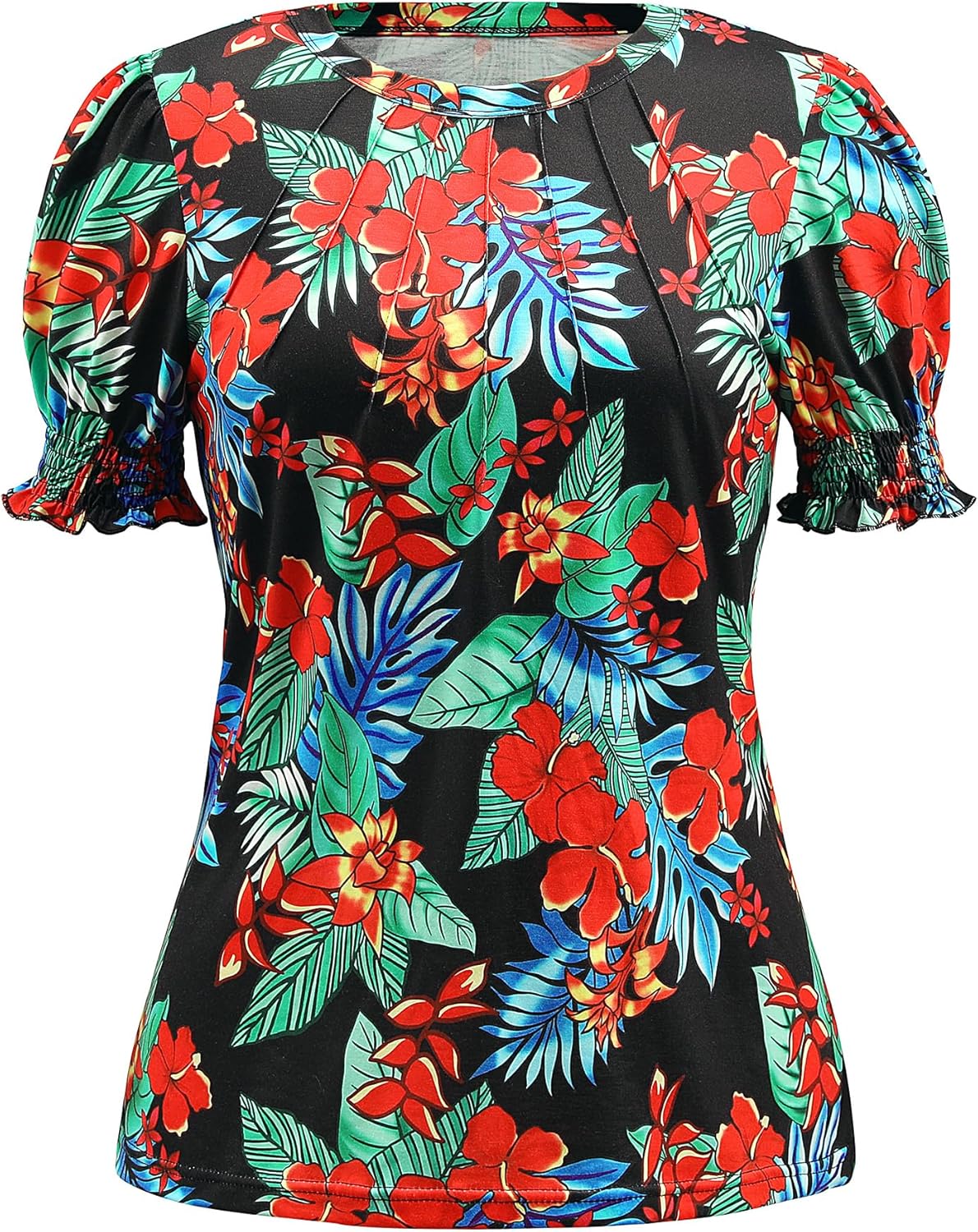Ezcosplay Womens Hawaiian Shirt Puff Short Sleeve Tropical Print Outfits Casual Pleated Tops Summer Floral T-Shirt - Image 7