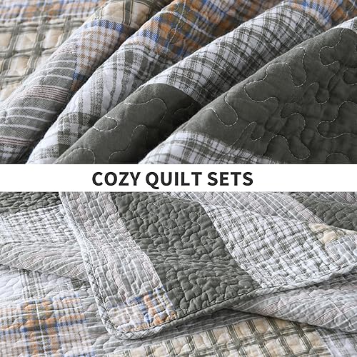 Miniatura 4 de PERHOM Edredón tamaño Queen  Juego de edredón 100% algodón Queen, acogedor juego de ropa de cama de retazos a cuadros tamaño Queen, colchas