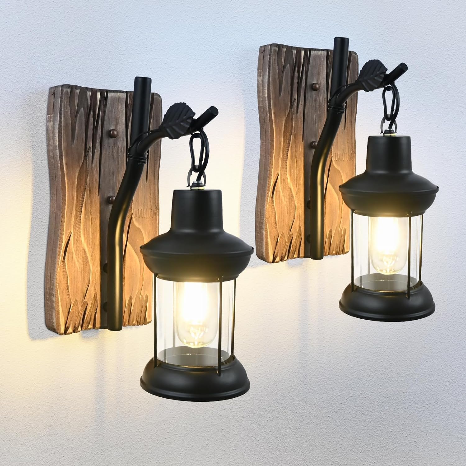 Rustic Wall Light Fixtures Vintage Wall Sconces Sets of 2 Farmhouse Antique Wooden Lamp with Clear Glass Indoor Lighting Black Bedside Sconces Lighting for Bar Cafe Barn Stairs