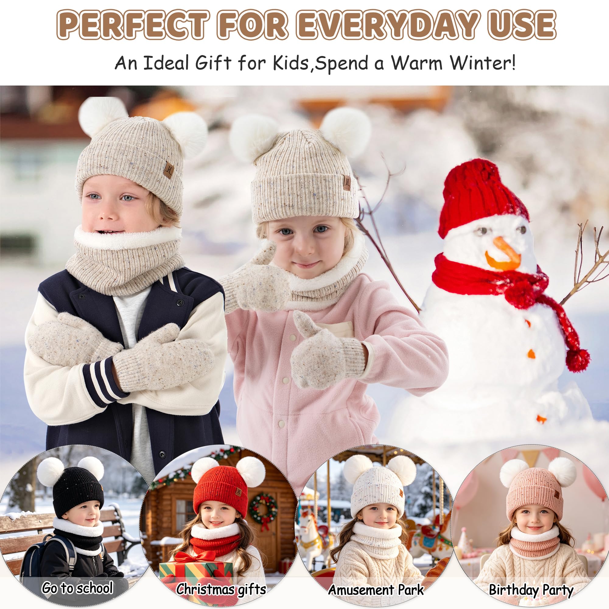 Enfants Bébés Hiver Bonnet Gants Tactiles Écharpe Ensemble Bonnet Pompon Moufles Cache-Cou avec Doublure Polaire pour 0-8 Ans Fille Garçon