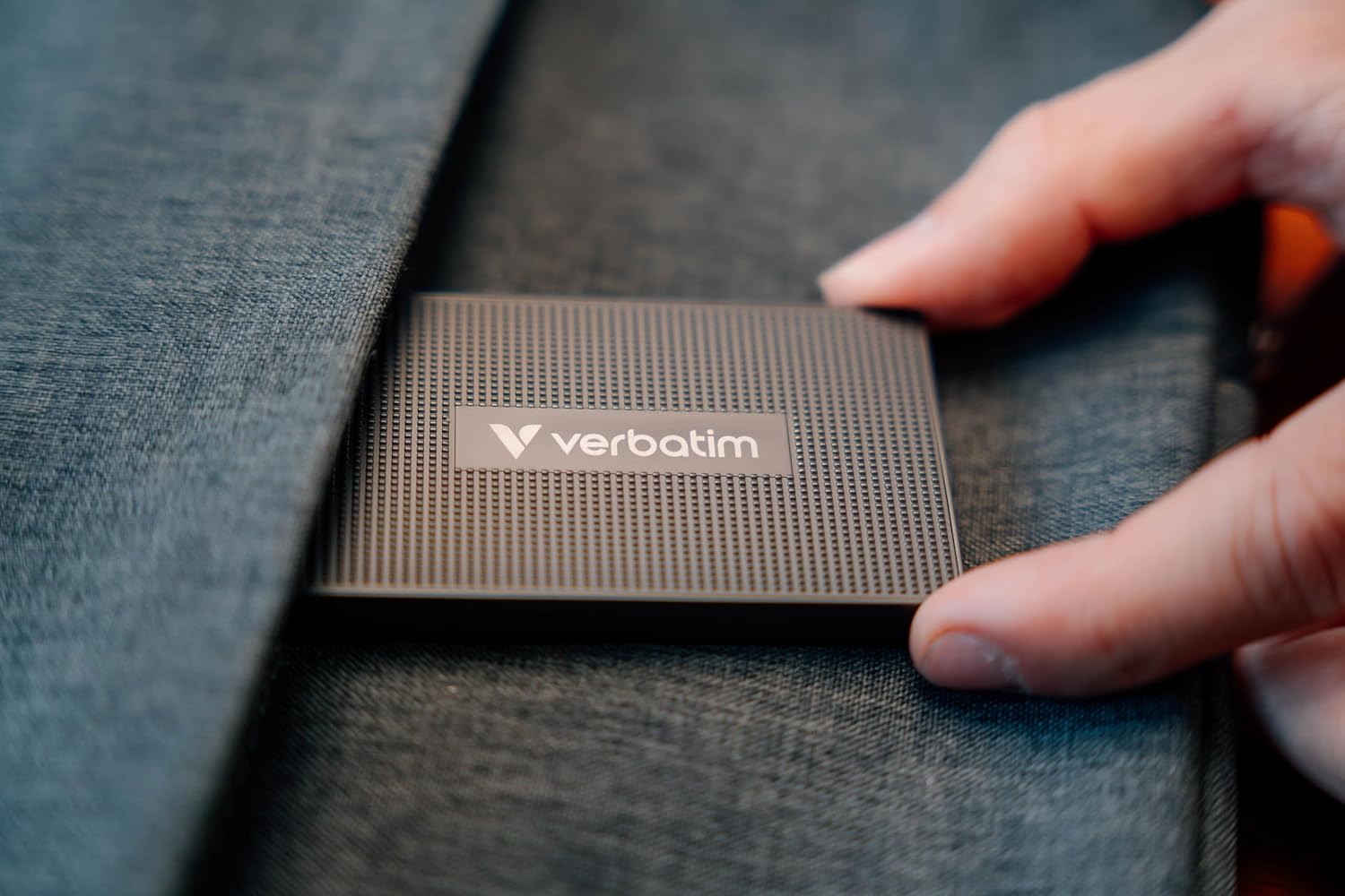 Close-up of Verbatim Metal Mini SSD held in a hand