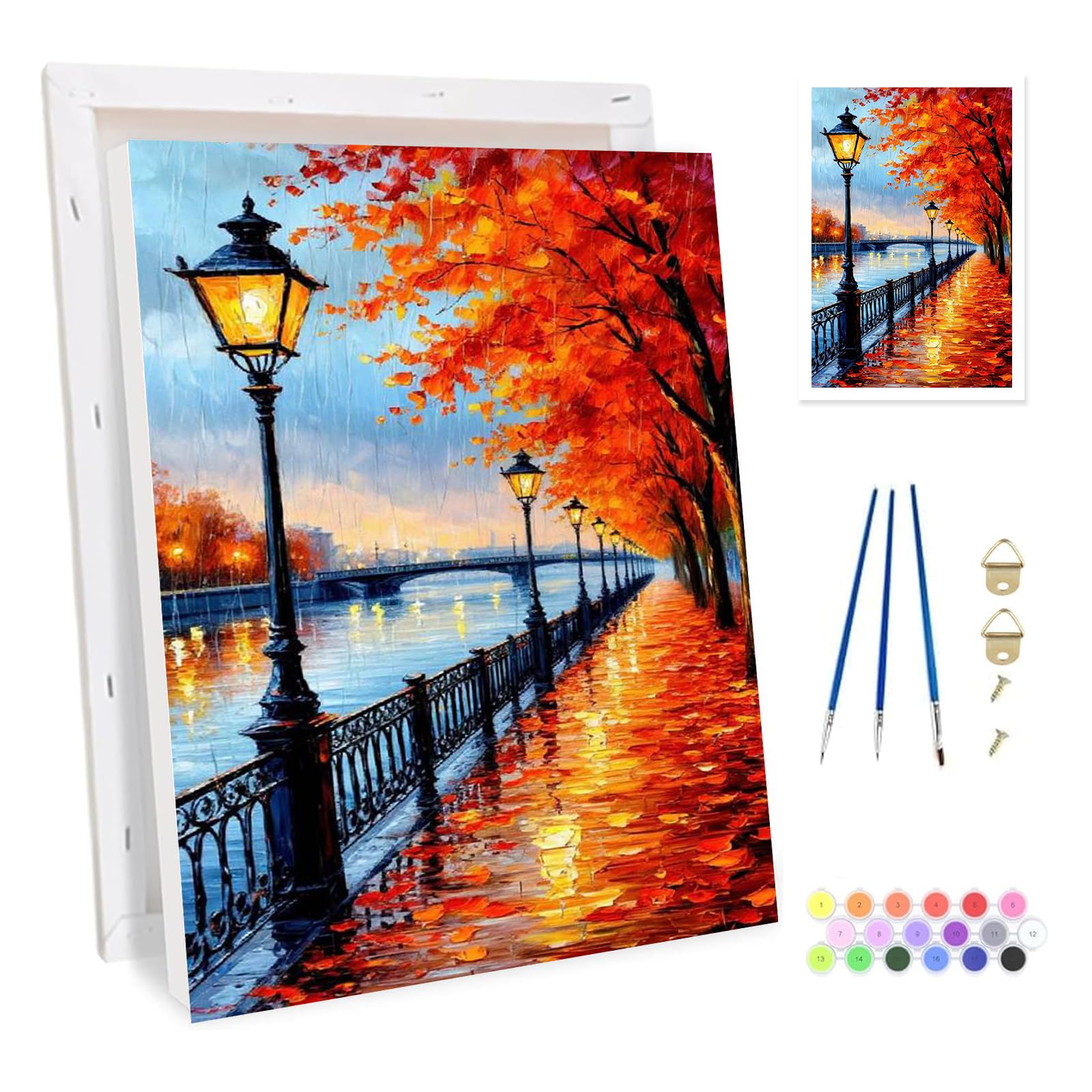 Bowetile Framed Maple Paint by Numbers for Adults Canvas, Street Scene Painting by Numbers Kit for Beginners Canvas, DIY Color Oil Painting Acrylic Paints for Home Wall Decor20x30cm — image 1