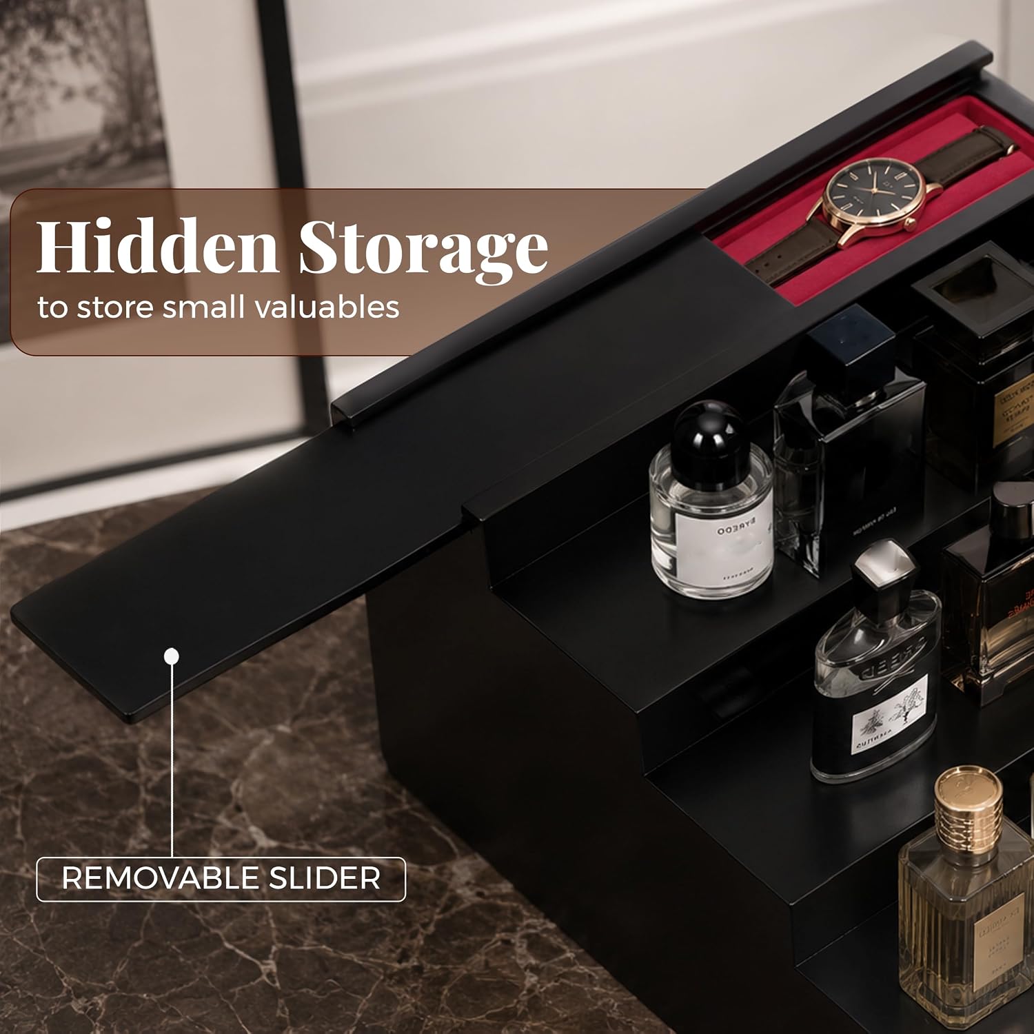 Solid Wood 5-Tier Cologne Organizer, Matte Black, Large Capacity, Hidden Drawer, Gift for Him (Matte Black)