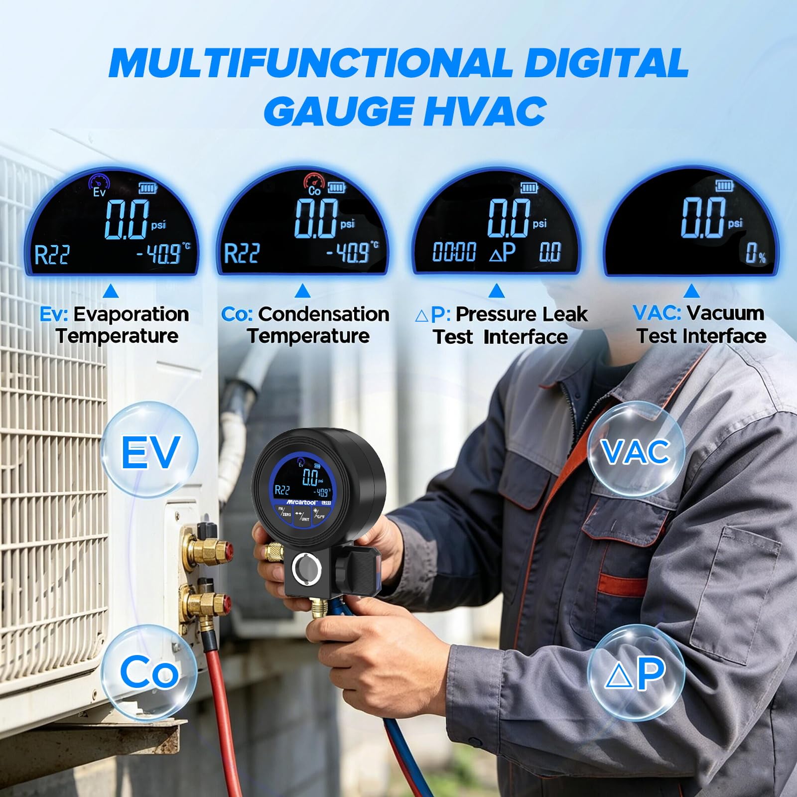 L201 Digitales Kältemittelmessgerät Klimaanlage Manifold Messgerät mit Vakuumpumpe Funktion Für R32 R134a Kältemittelleitung Monteurhilfe für Kältetechnik