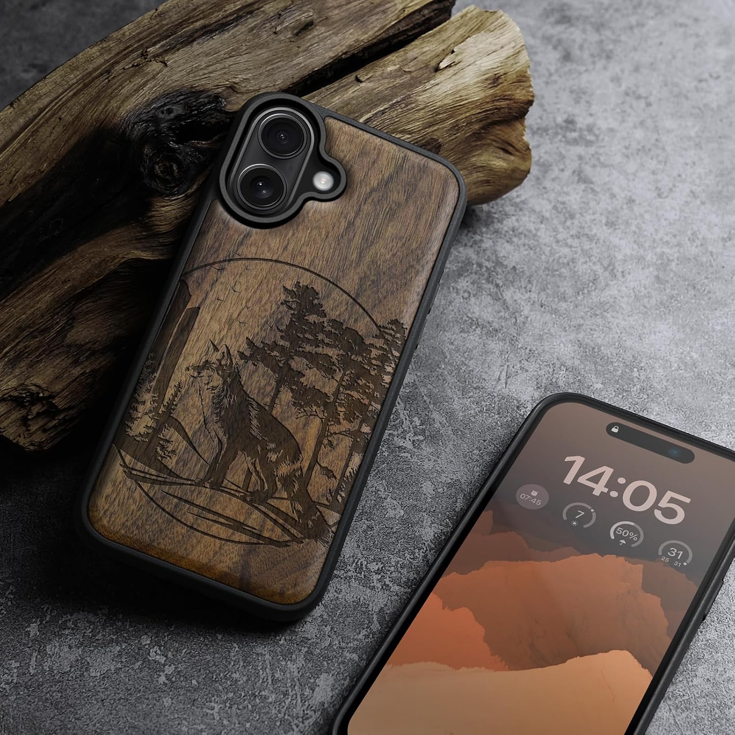 Carveit Magnetic Wooden Case for iPhone 16 Plus Case, Wood Artisan Engraved & Black Soft TPU Shockproof Cover, Compatible with MagSafe Wireless Chargers (Fox and Woods) Walnut