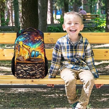 Boys Backpack Construction School Bookbag - Excavator Theme Kids Backpacks for Elementary Kindergarten, Lightweight Truck Daypack (17 Inch)