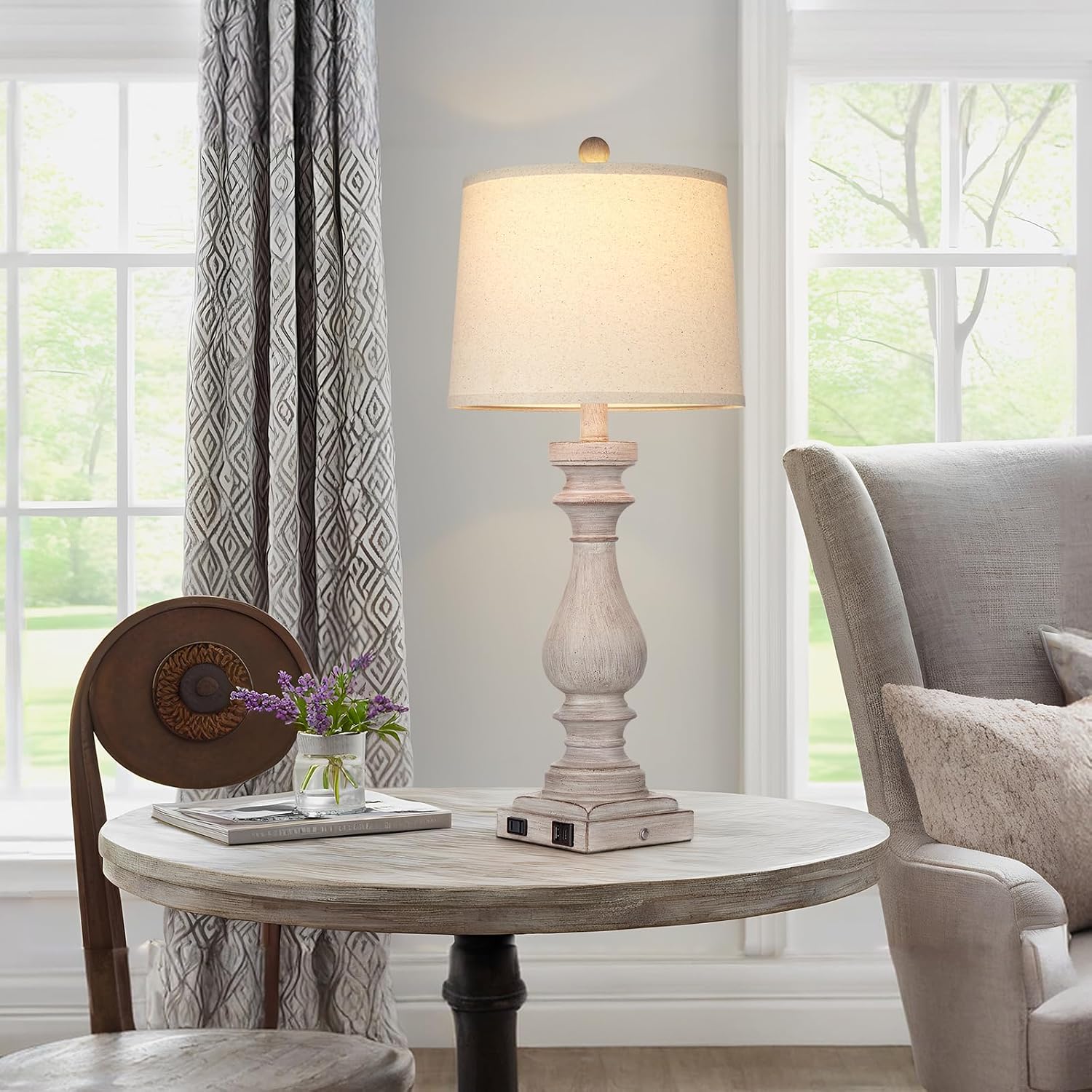 Rinweey 29" Farmhouse Table Lamp for Living Room,Vintage Bedside Lamp with USB C+A Ports & AC Outlet,3-Way Dimmable Touch Control Gray Washed Finish Nightstand for Bedroom, Single Gray