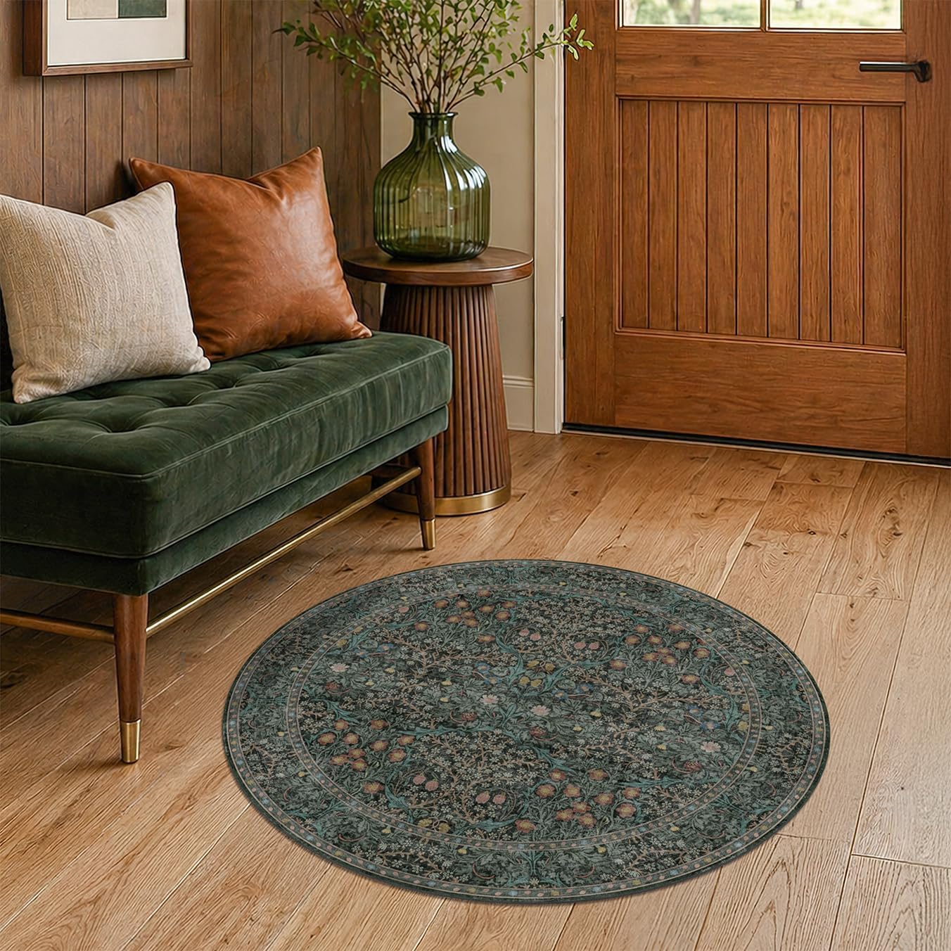 Vintage 3ft Round Washable Entryway Rug, Soft Small Round Area Rugs for Indoor Door Mat, Bedroom, Kitchen, Bathroom, Living Room, Ultra-Thin Non-Slip Dark Green Floral Front Door Circle Rug Décor
