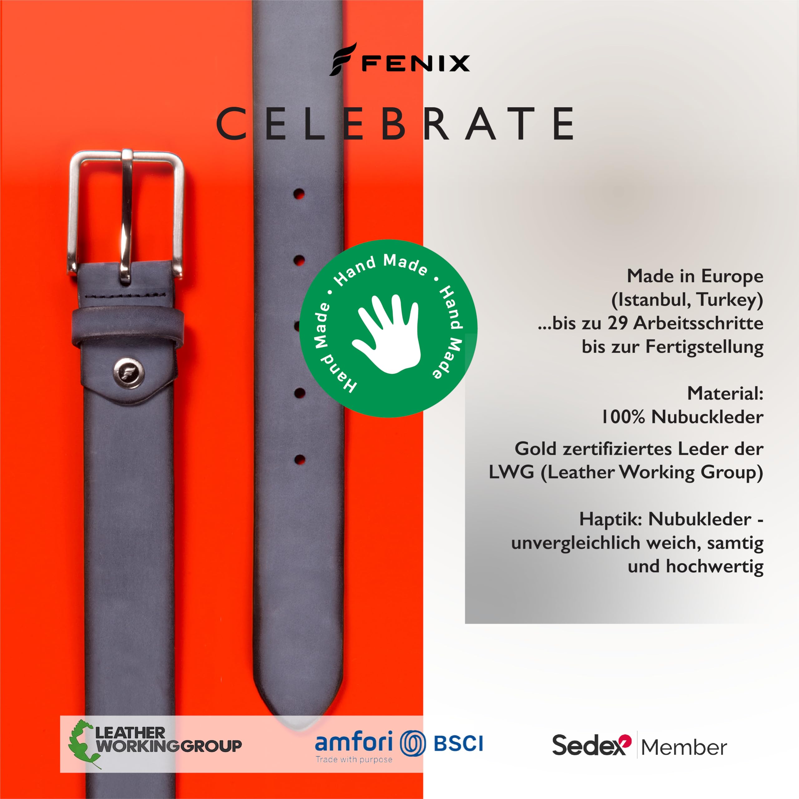 FENIX CELEBRATE Gürtel Herren, verstellbarer Ledergürtel Herren mit Schnalle, 35 mm breit, Gürtel aus Nubukleder