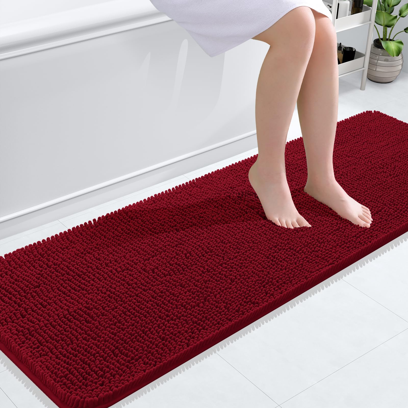 OLANLY Bathroom Runner Rugs 59x20, Extra Soft Absorbent Chenille Bath Rugs | Red, Quick-Drying Rubber Backing, Machine Washable Long Bath Mat for Bathroom Floor, Tub and Shower, Home Decor Accessories