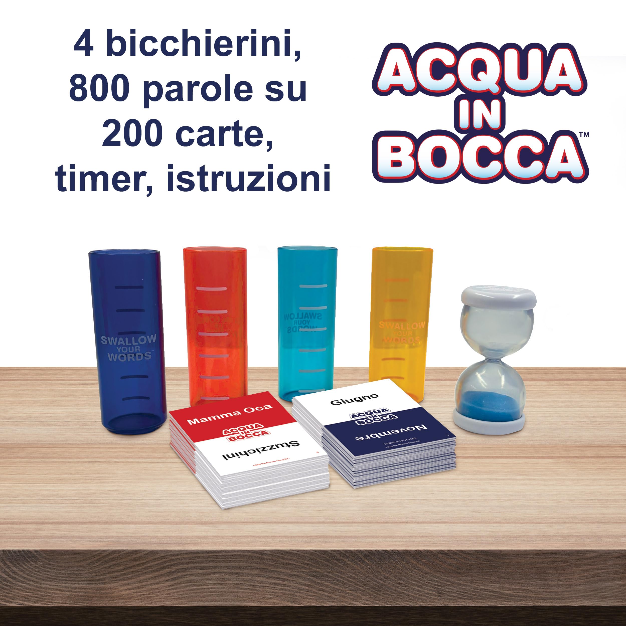 Goliath - ACQUA IN BOCCA - Gioco di Società Divertente per Bambini da 8 Anni in su - Parla con l’Acqua in Bocca - Party Game Esilarante - 2-4 Giocatori - Carte, Bicchieri, Clessidra - In Italiano