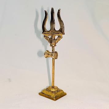 Brass Shiva Trishul with Damru 4 Inch Handcrafted Mahadev Trident for Home Temple, Pooja Altar & Spiritual Decor | Sacred Hindu Symbol of Protection, Meditation, Vastu & Religious Gift