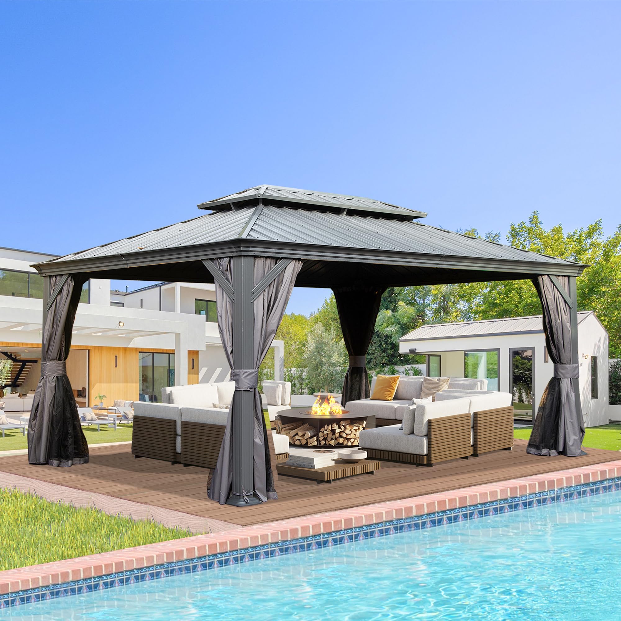 Domi 12' X 16' Hardtop Gazebo, Upgraded Metal Gazebo with Drainage System, Dual-Layer Galvanized Steel Roof, Curtain and Netting, Outdoor Shelter