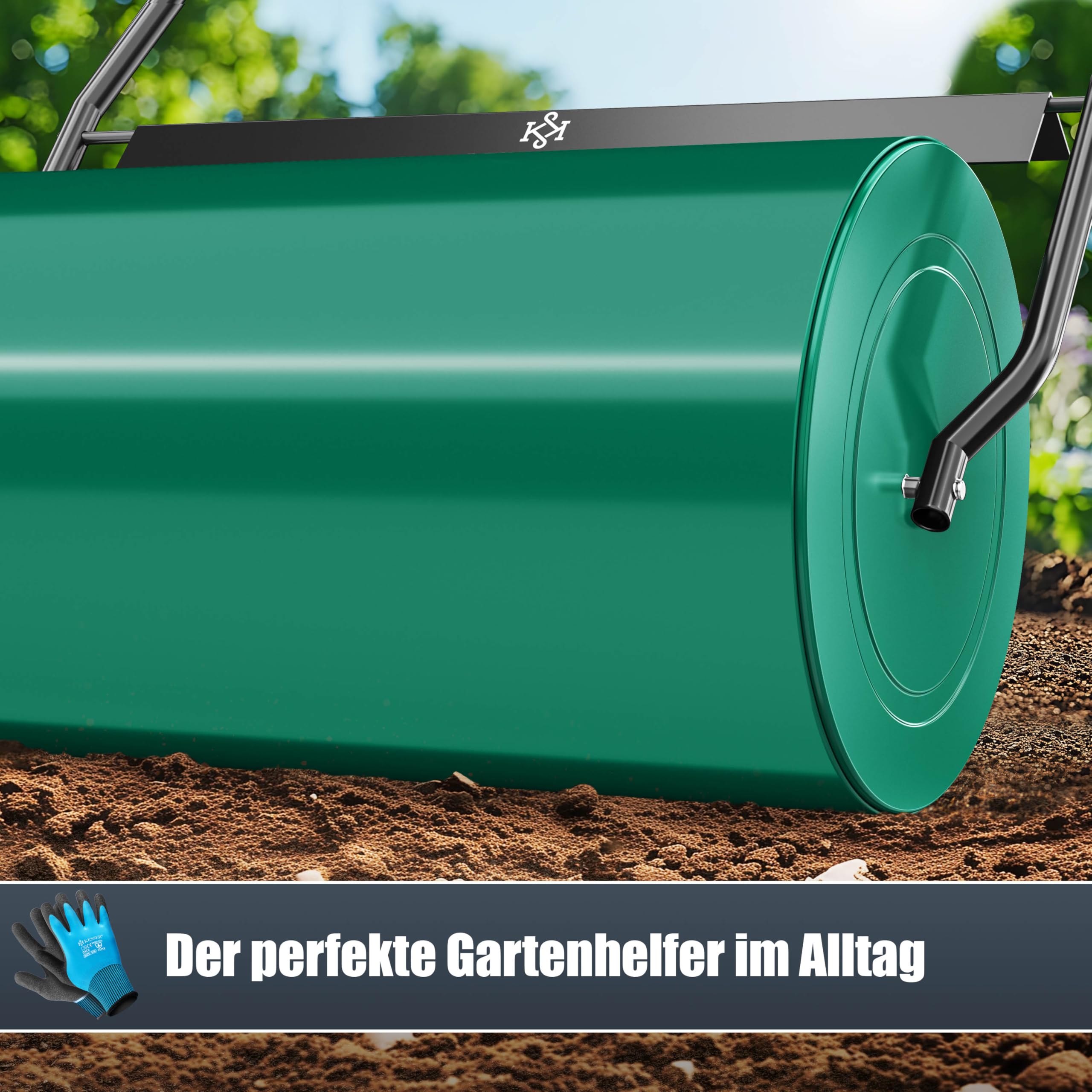 KESSER® Rouleau à Gazon 60cm 48L Volume Remplissage Métal déflecteur saleté & Gants Rouleau à Main Rouleau à Gazon Rouleau Jardin Rouleau agricole Rouleau pouvant être rempli d'eau/Sable 60 kg Vert