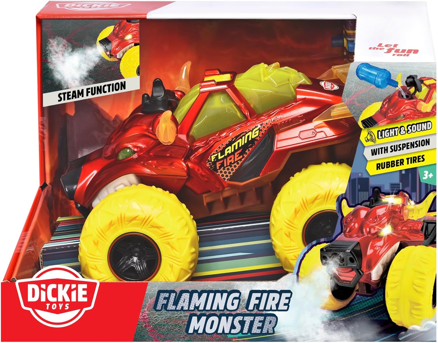 DICKIE TOYS Flaming Fire Monster Truck – 9.84 Inch Monster Truck with Steam Effect, Rubber Tires, Light & Sound, for Kids Ages 3 and Up