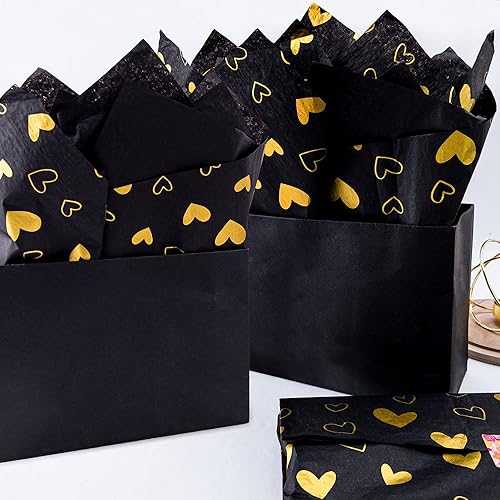 Miniatura 2 de MR FIVE Papel de seda de corazón negro dorado de gran tamaño, 20 x 28 pulgadas, papel de seda con diseño de corazón negro dorado para bolsas de