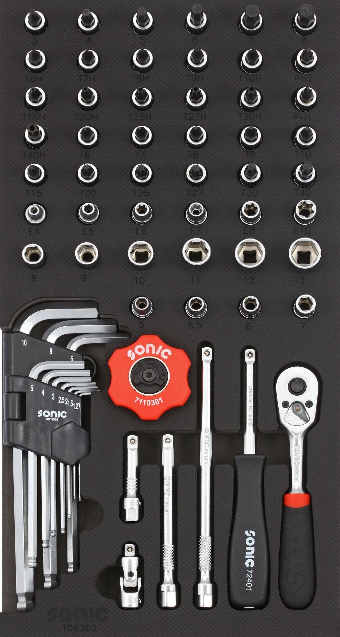 Sonic 106303 6-Point Flank Socket SFS 1/3 Set, 1/4-inch, Set of 61