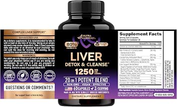 Liver Cleanse & Detox 1250 mg - Milk Thistle 80 % Silymarin | Dandelion | Artichoke | TUDCA | Glutathione & NAC - Liver Health & Bile Production Support - Lab Tested, Vegan - Made in USA - 60 Capsules