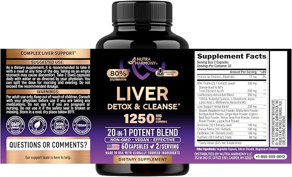Liver Cleanse & Detox 1250 mg - Milk Thistle 80 % Silymarin | Dandelion | Artichoke | TUDCA | Glutathione & NAC - Liver Health & Bile Production Support - Lab Tested, Vegan - Made in USA - 60 Capsules
