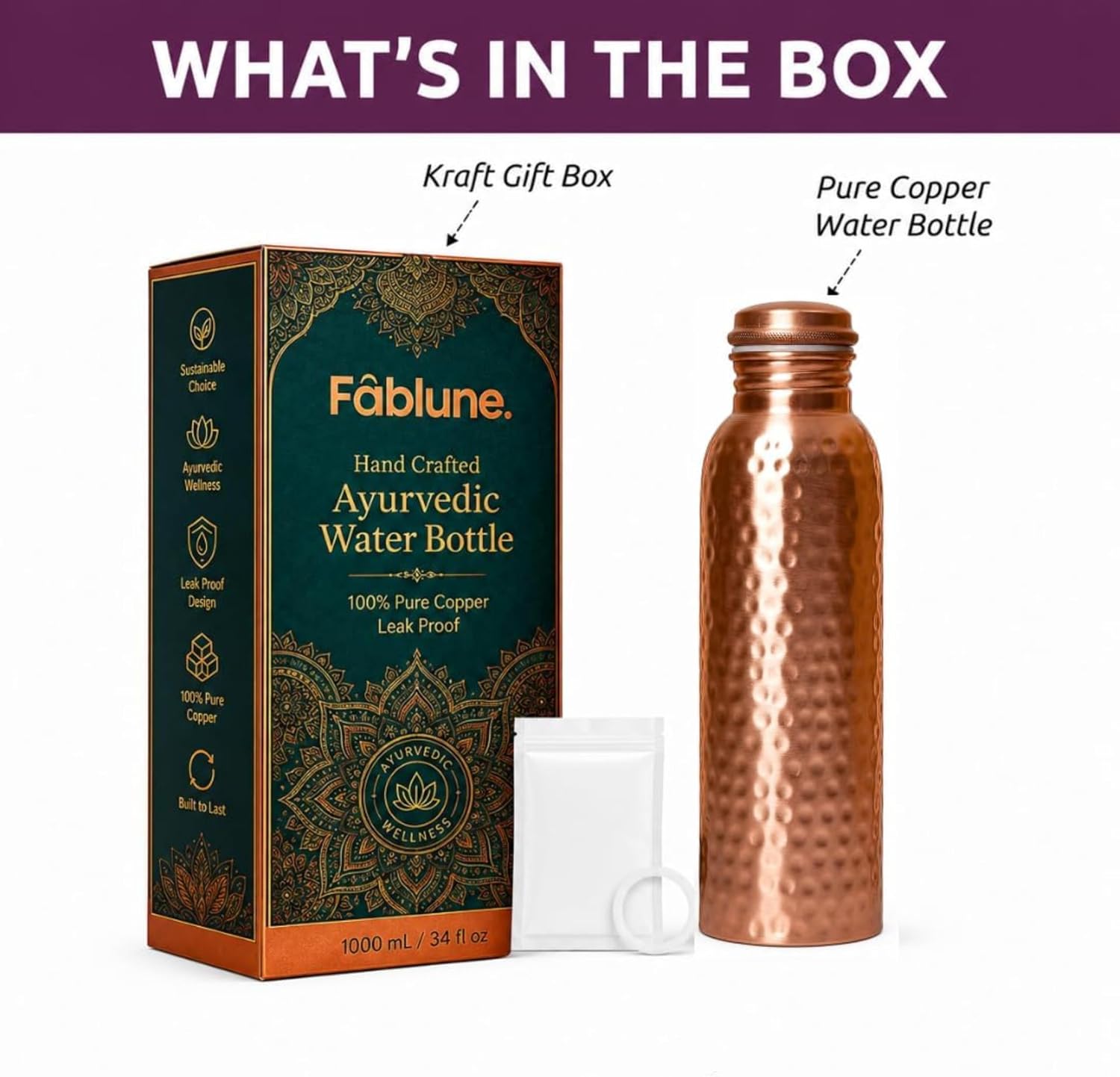 Pure Copper Water Bottle 34 oz (1000ml) Handcrafted Hammered Ayurvedic Copper Bottle for Drinking Water, Leak Proof Metal Water Bottle for Yoga, Gym, Travel & Daily Wellness