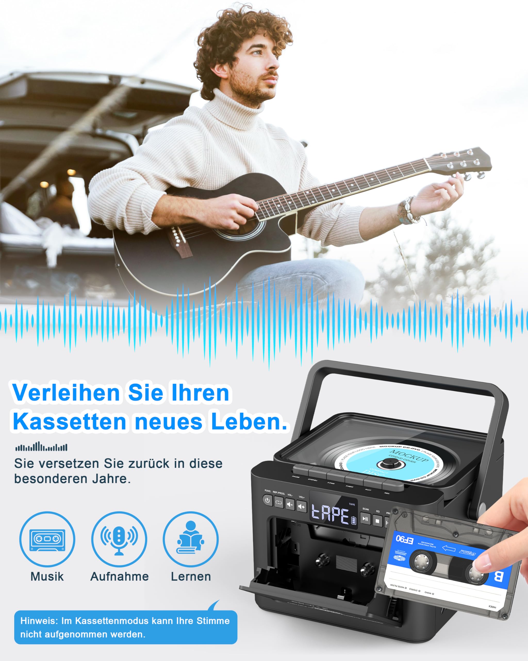 Grado Lettore CD portatile Boombox ricaricabile, Bluetooth, telecomando, batteria 5000 mAh, USB, AUX, scheda TF/SD, altoparlanti stereo 5 W (grigio)