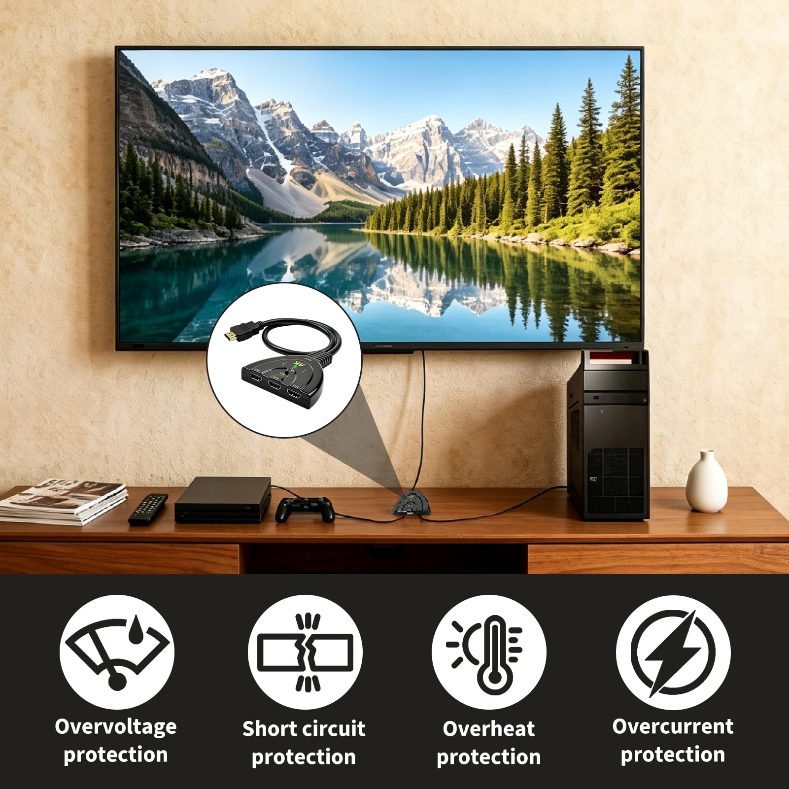 HDMI Switch 3 In 1 Out, HDMI Umschalter Automatisch 4K 30Hz Verteiler, Manueller für PS5 PS4 Xbox PC Laptop Blu-ray TV Monitor Beamer, Plug Play ohne Stromversorgung mit Stabiler Signalübertragung