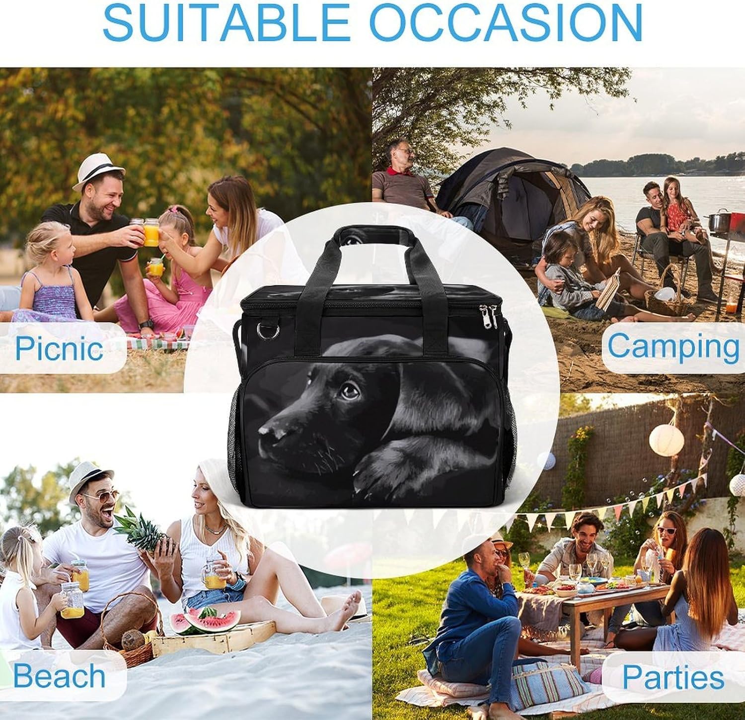 Insulated Picnic Backpack Tote Bag, Large Capacity 30L Black Labrador Puppy Cooler Bag Leakproof Beach Bags Portable Lunch Box Waterproof Picnic Basket for Beach Camping BBQ