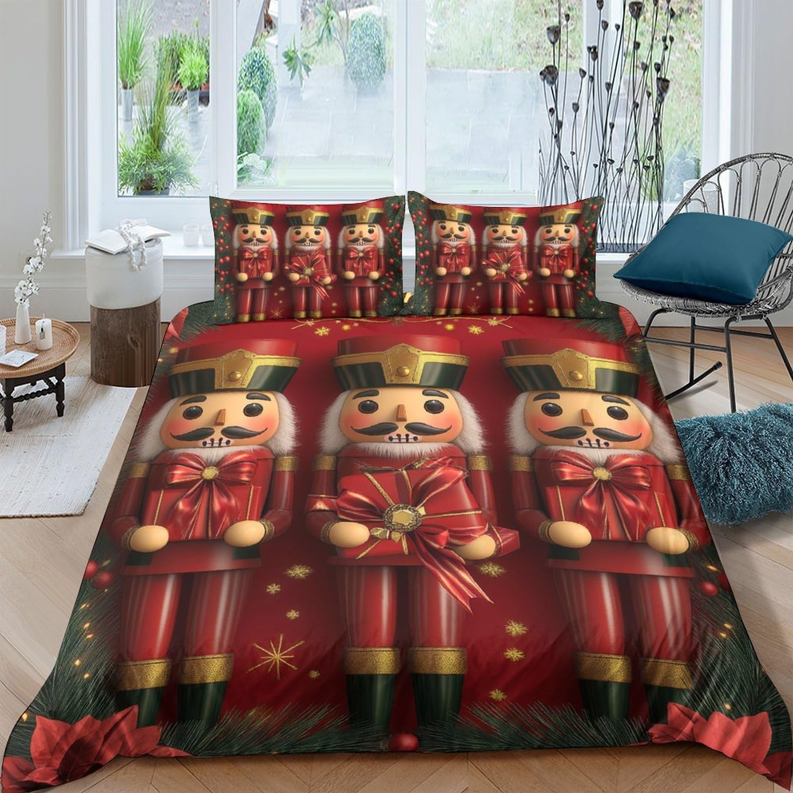 GPLZQXKJNH 3D Printed Nutcracker Christmas Duvet Cover Microfiber Soft Red Festive Bedding Set with 2 Pillowcases for Bedroom Decor Single（135x200cm）