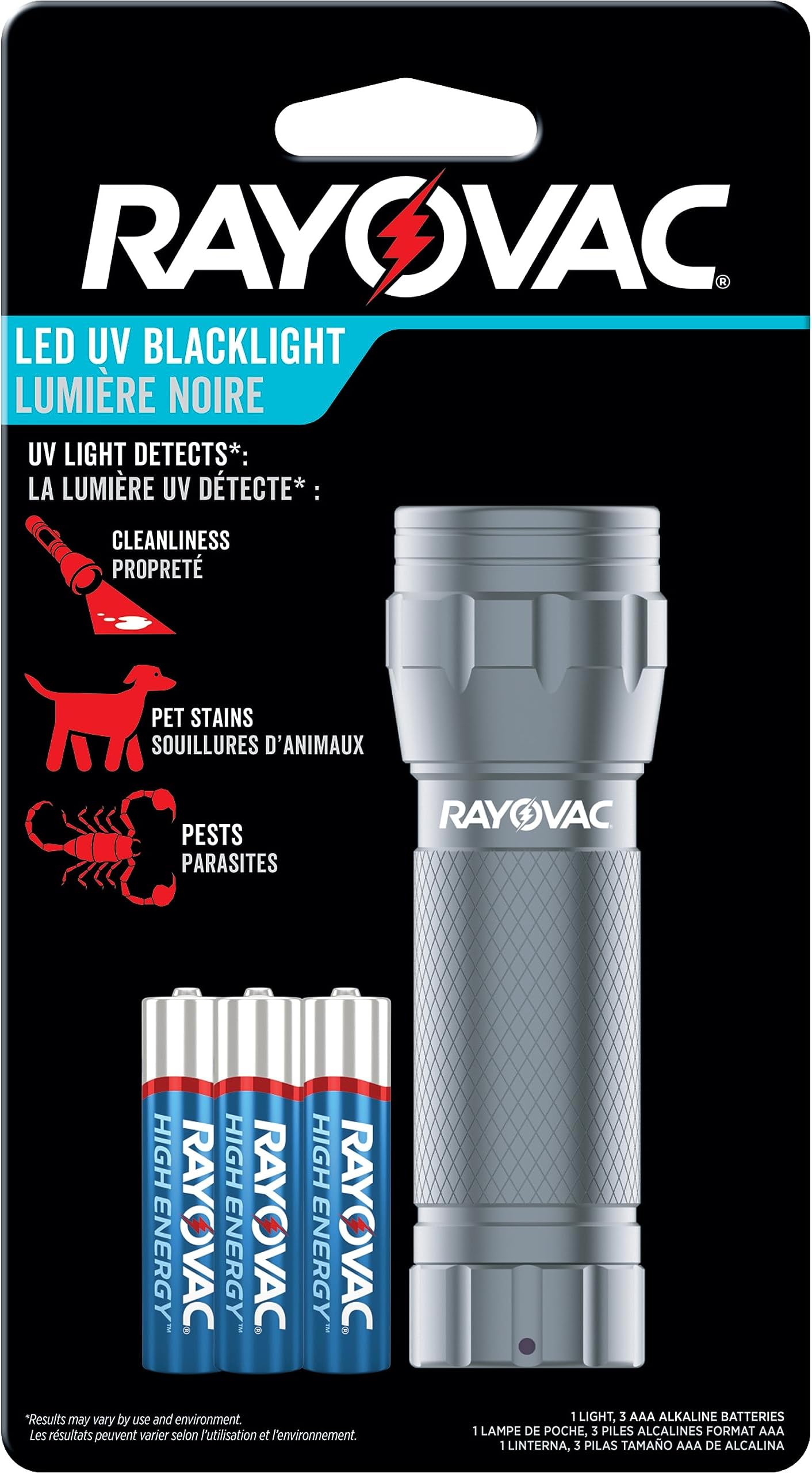 Rayovac UV Flashlight Black Light, Ultraviolet Light for Detecting Pet Stains and Auto Leaks, Flash Light with AAA Batteries Included, Pack of 1