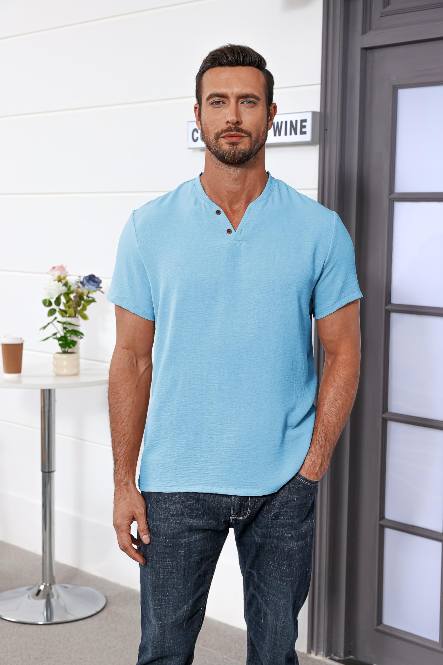 LAOARA Henry Maglietta da uomo estiva, a maniche corte, con bottoni, per vacanze, casual, leggera