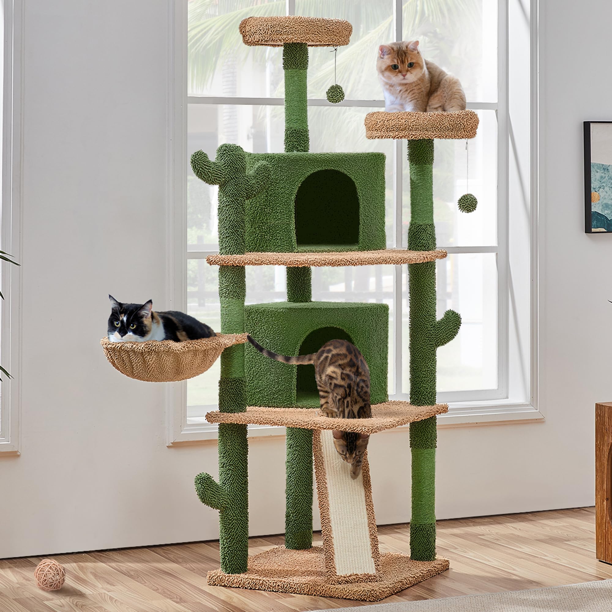 Yaheetech Cactus Cat Tree, 66?H Cat Tower for Indoor Cats, Multi-Level Cat Tree with Large Condos & Ramp, Pet Play House with Padded Perch, Platforms, Basket & Hanging Ball, Green/Brown