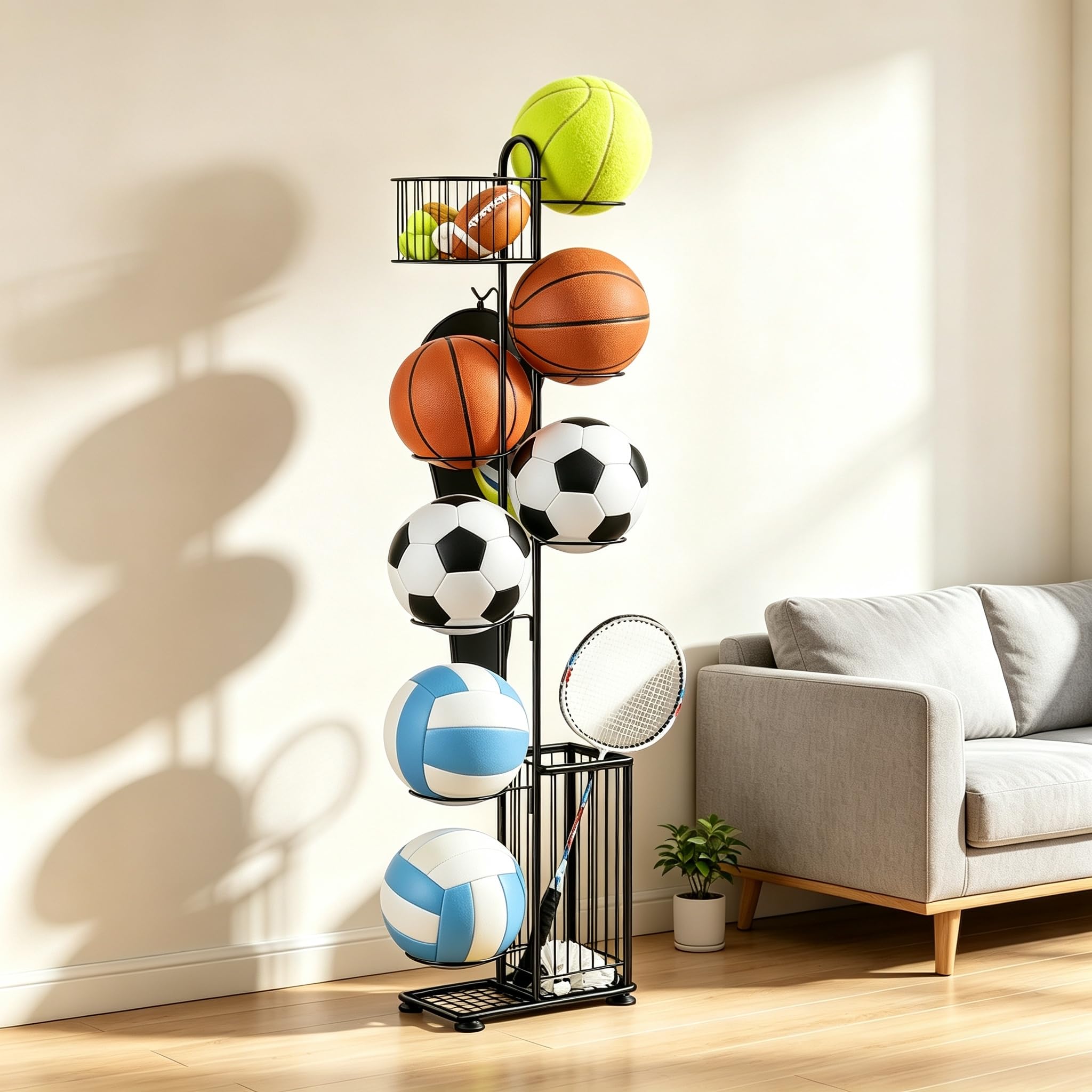 Smusei Support à billes en métal, 7 niveaux, support vertical pour balles avec paniers et crochets, salon et extérieur, équipement de sport, organisateur pour basket-ball, football, volley-ball