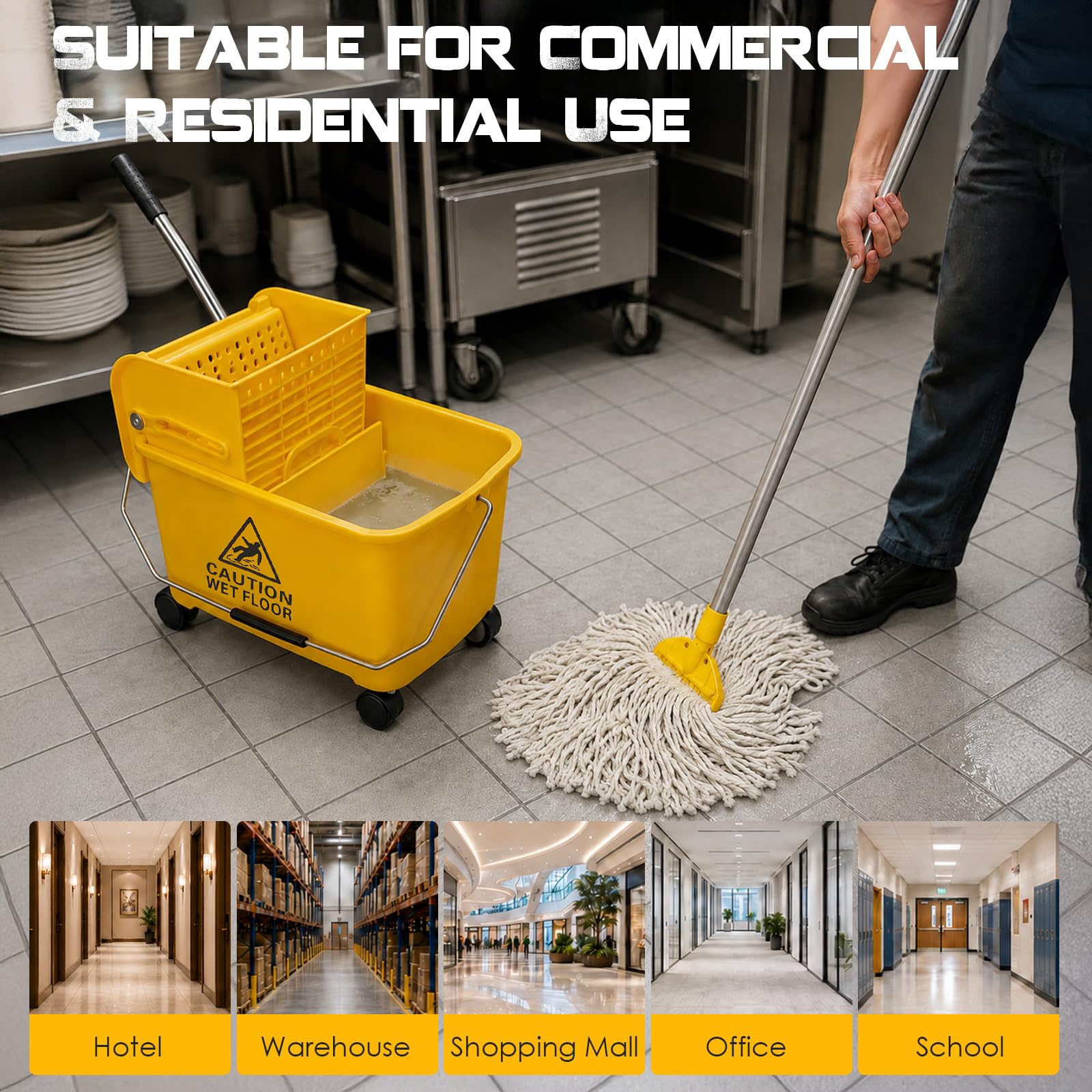 Set di mocio industriale e secchio da 20 litri su ruote, strizzatore commerciale Kentucky con 3 teste per mocio, manico lungo 148 cm e ruote silenziose, pulizia resistente per scuole, ristoranti