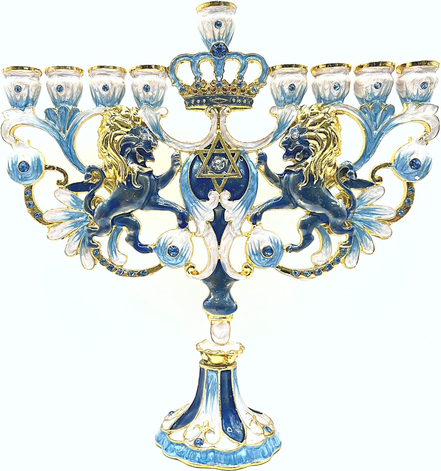CohenTsemach Art&Gift Blue Hanukkah hanukkiah Menorah Enamel Lions Star of David Israel