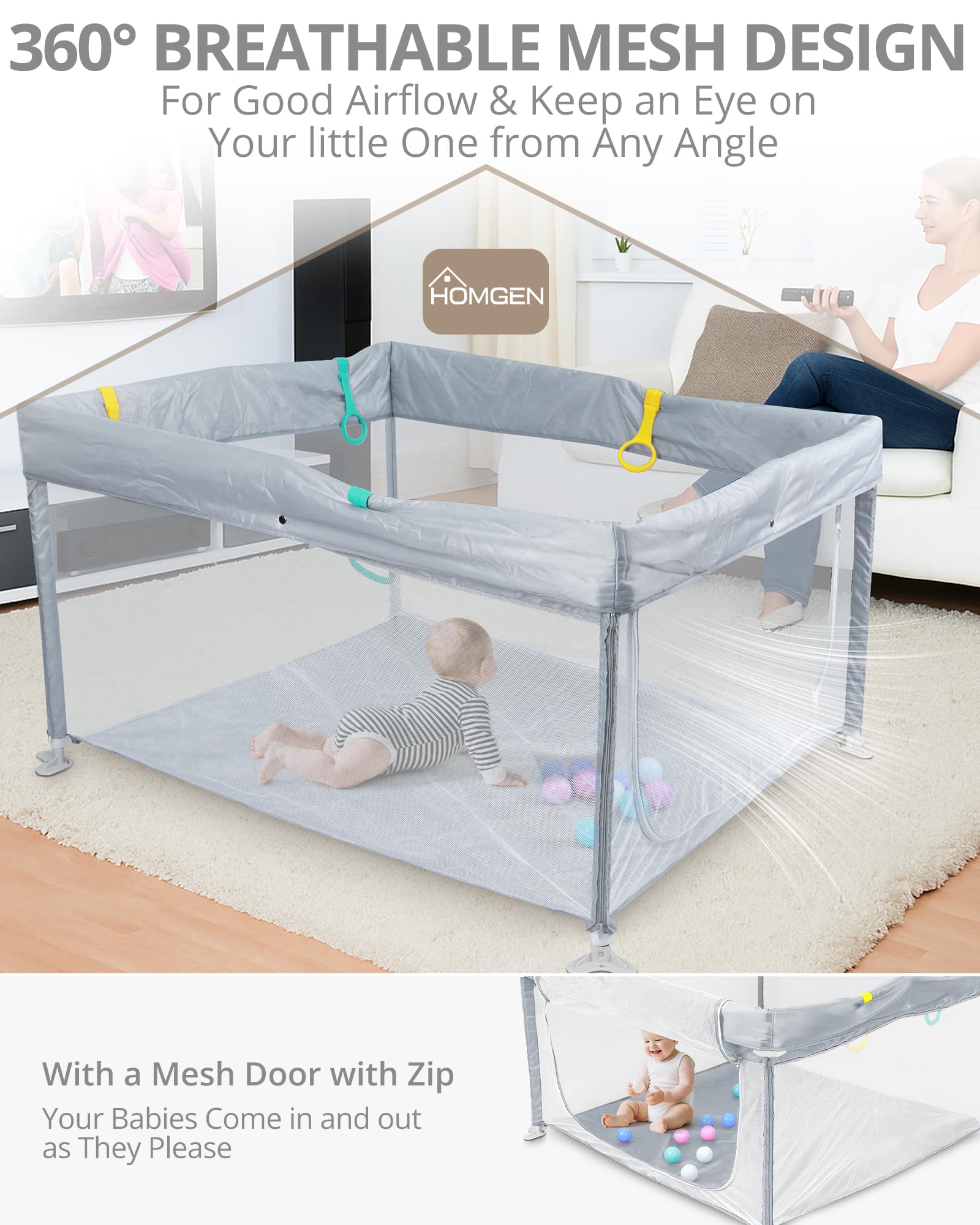 HOMGEN Parco Pieghevole per Bambini 120x120cm con Tessuto Oxford Lavabile Recinto per Neonati Pieghevole con Pallini e Maniglie, Box Bambini Montaggio Zero Porta con Zip Esterno - Grigio