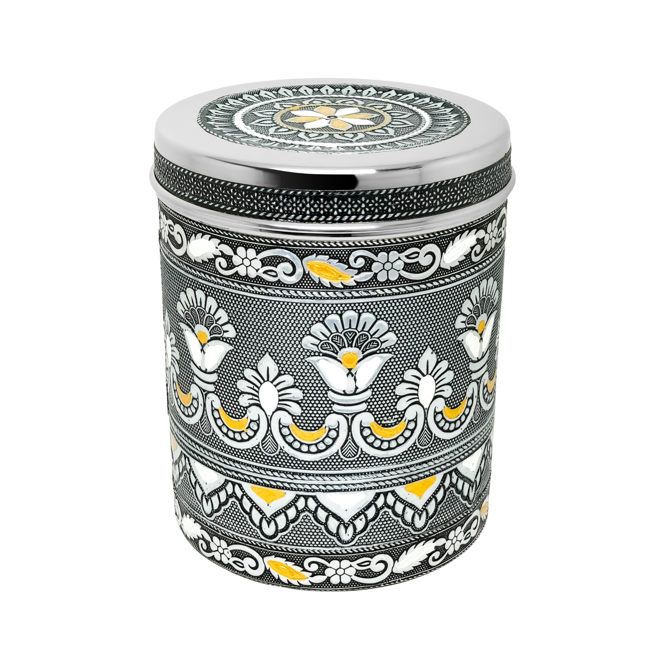 Trisara Stainless Antique Deep Dabba | 1.7 Ltr | 12.5 cm | Size 12 | Multipurpose Storage Container for Grains/Lentils/Dry Snacks | Oxidized Box-image-36