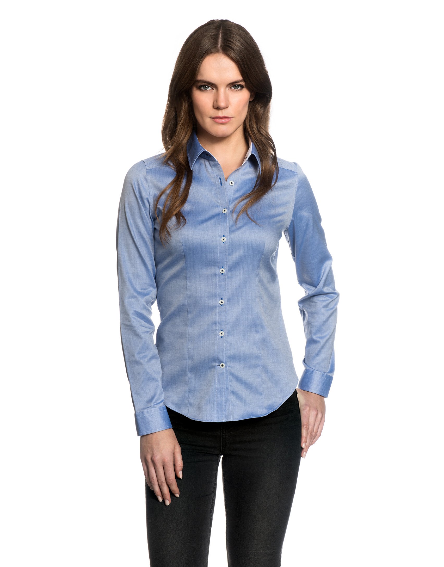 Embraer Damen Bluse 100% Baumwolle mit Kontrasteinlage Casual-fit - Normale Passform Langarm Hemdbluse elegant festlich Kent-Kragen auch für Business und unter Pullover