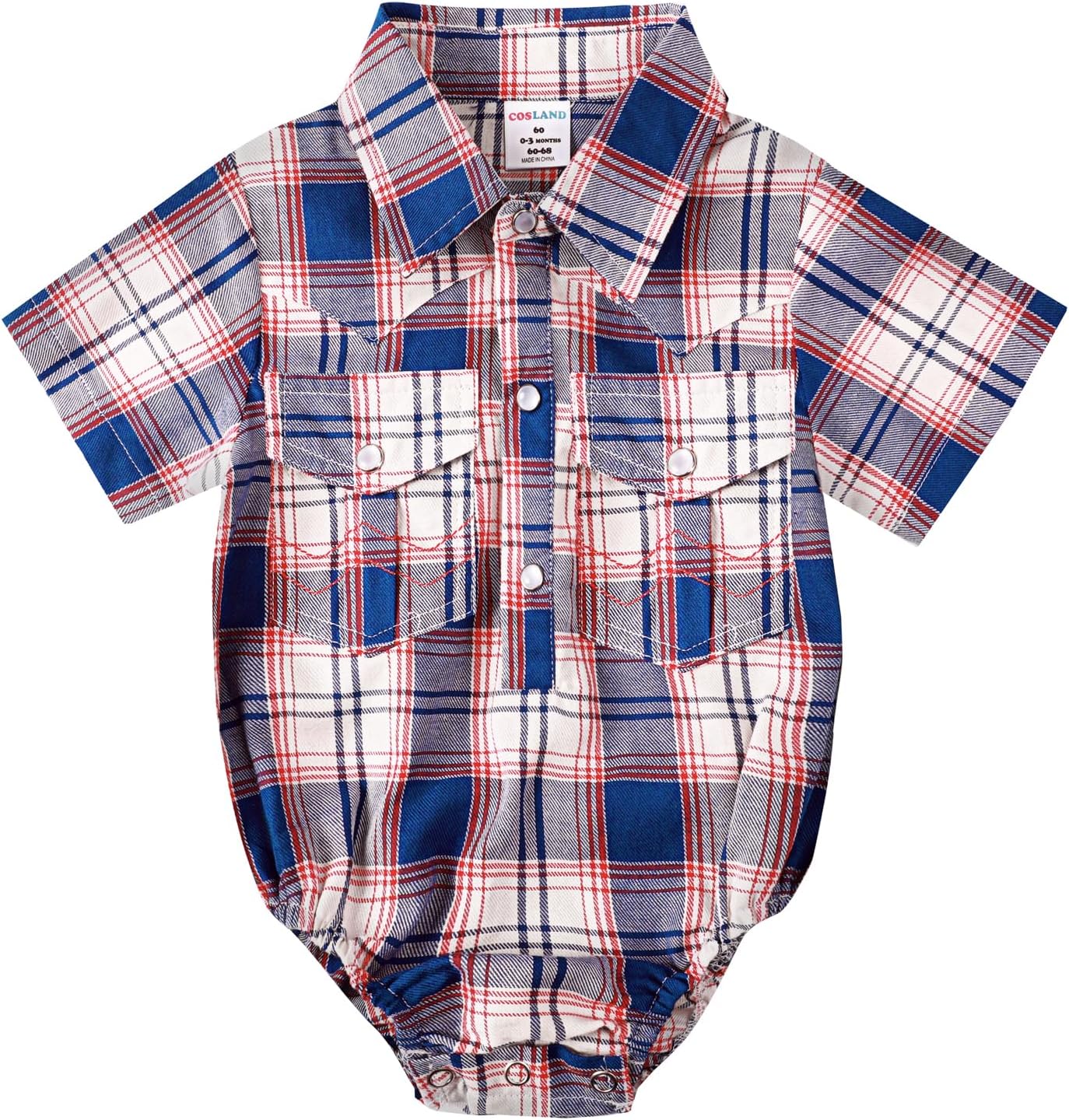 COSLAND Baby Boys' Western Clothes Short Sleeve Cotton Plaid Bodysuit, Infant Cowboy Shirt, 0-18 Months