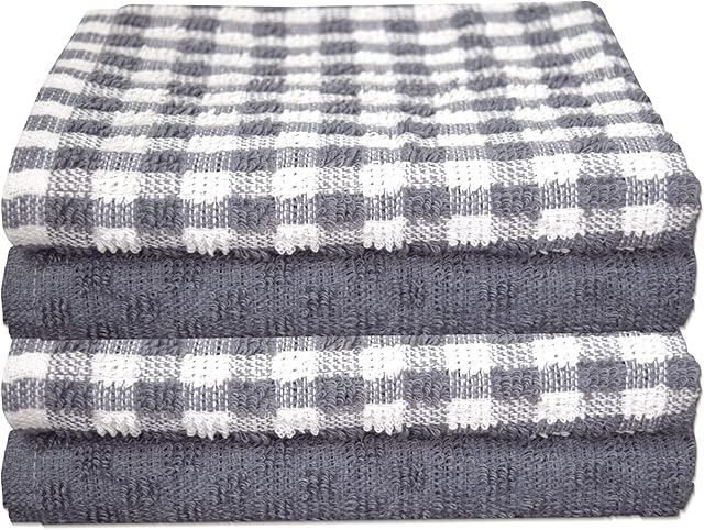 Tea Towels Set of 4 - Kitchen Hand Towels - 100% Cotton Terry Tea Towels Soft Absorbent Dish Towels (Grey, 4)